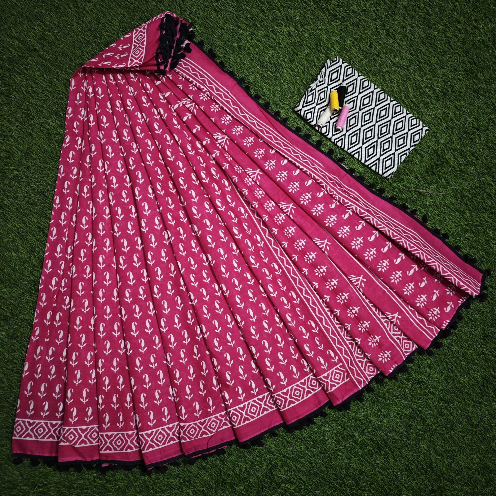 Beautiful Cotton Mulmul Saree with Pompom Details