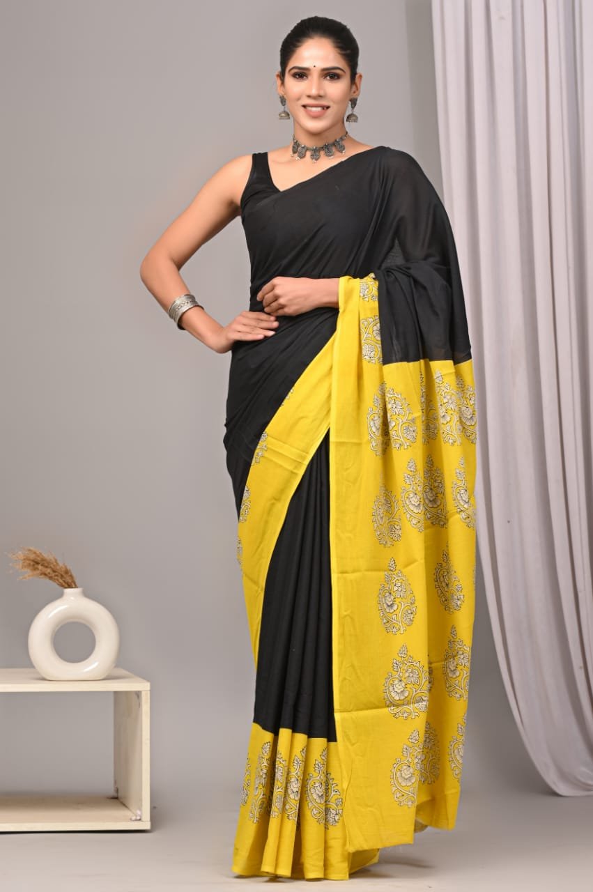 Traditional Bagru Hand Block Print Mulmul Saree